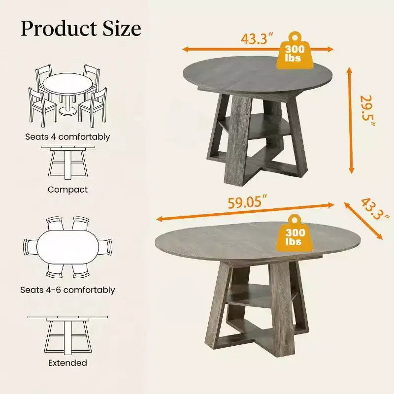 Extendable Round Dining Table for 4-8 People with Storage Shelf