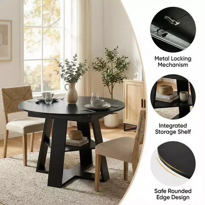 Extendable Round Dining Table for 4-8 People with Storage Shelf