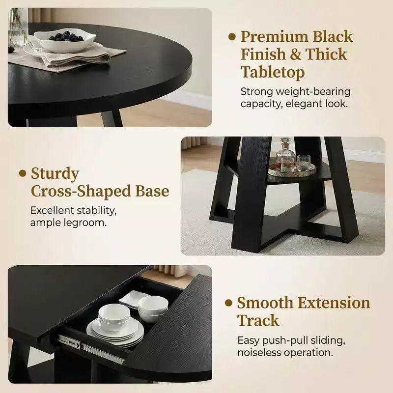 Extendable Round Dining Table for 4-8 People with Storage Shelf