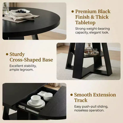 Extendable Round Dining Table for 4-8 People with Storage Shelf