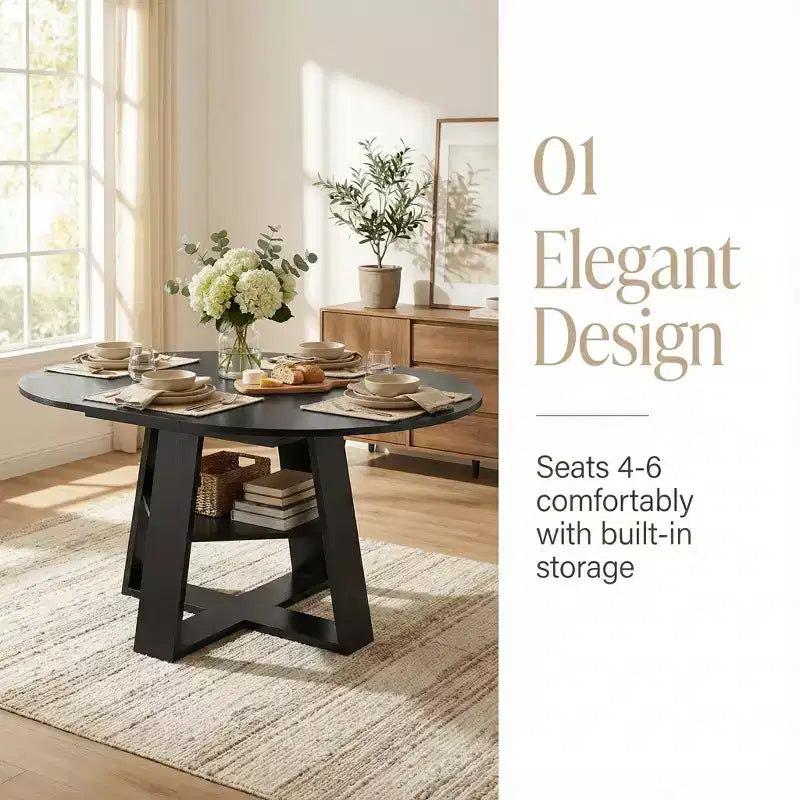 Extendable Round Dining Table for 4-8 People with Storage Shelf