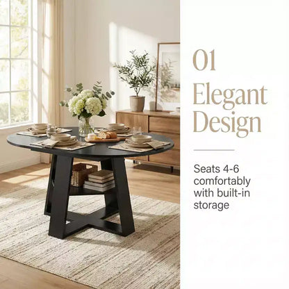Extendable Round Dining Table for 4-8 People with Storage Shelf