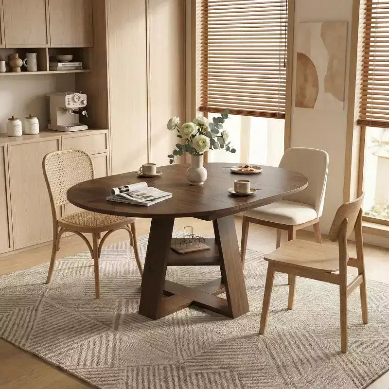 Extendable Round Dining Table for 4-8 People with Storage Shelf