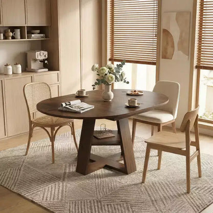 Extendable Round Dining Table for 4-8 People with Storage Shelf