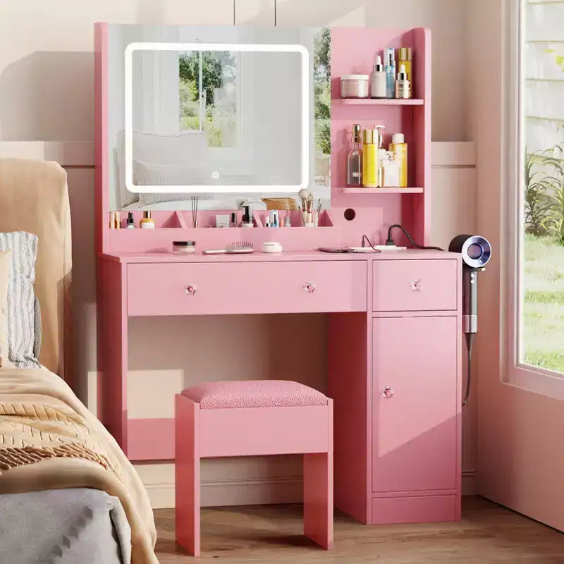 Toeletta Rosa con Specchio e Luci, Set Trucco con Sgabello e Presa di Correzione, Tavolino da Trucco con Cassetti, Scaffali e Specchio Illuminato