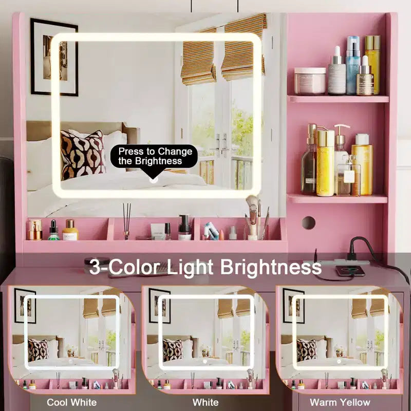 Toeletta Rosa con Specchio e Luci, Set Trucco con Sgabello e Presa di Correzione, Tavolino da Trucco con Cassetti, Scaffali e Specchio Illuminato