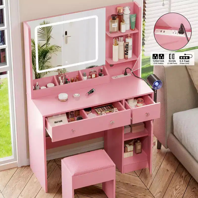 Toeletta Rosa con Specchio e Luci, Set Trucco con Sgabello e Presa di Correzione, Tavolino da Trucco con Cassetti, Scaffali e Specchio Illuminato