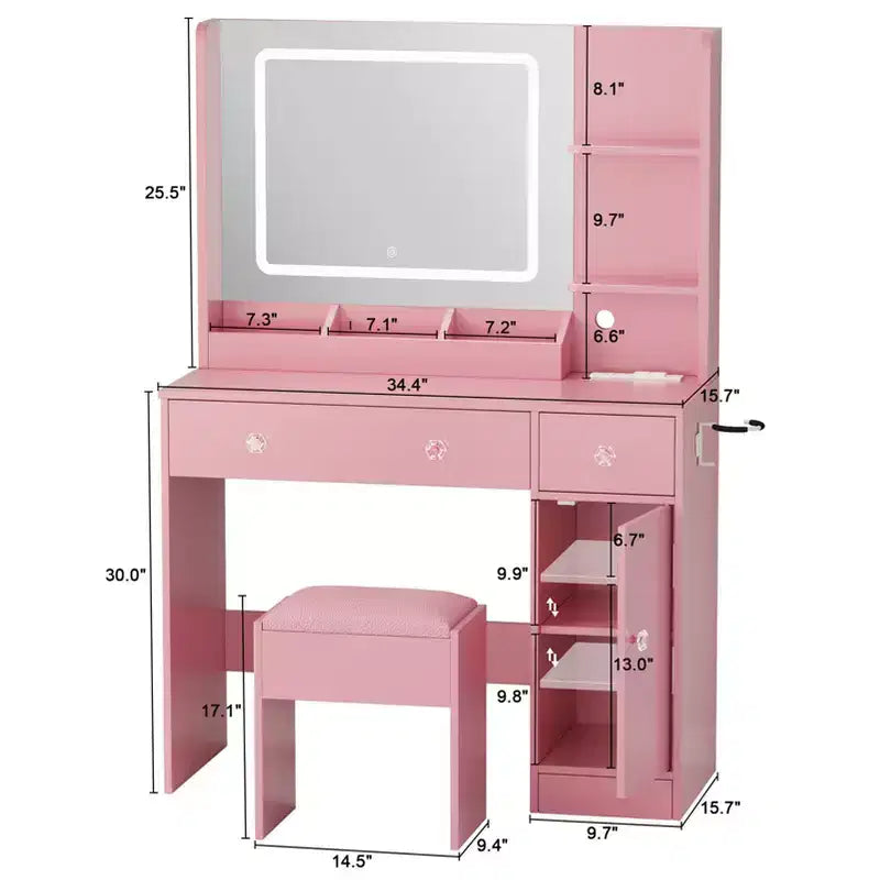 Toeletta Rosa con Specchio e Luci, Set Trucco con Sgabello e Presa di Correzione, Tavolino da Trucco con Cassetti, Scaffali e Specchio Illuminato