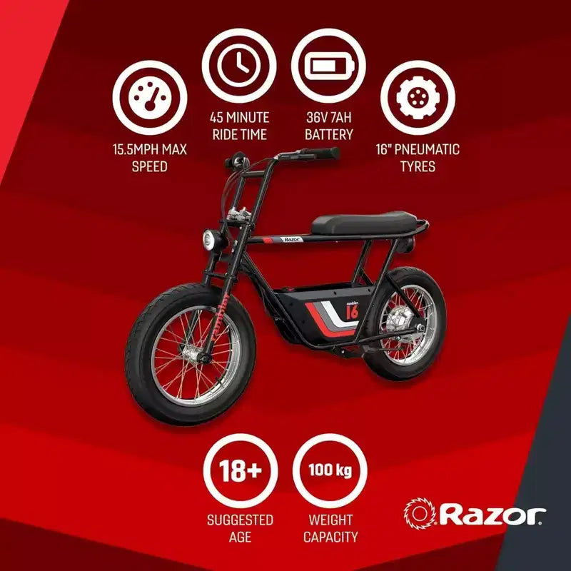 Razor Rambler 16 Electric Retro Minibike with 350W Motor & 36V Battery, Black