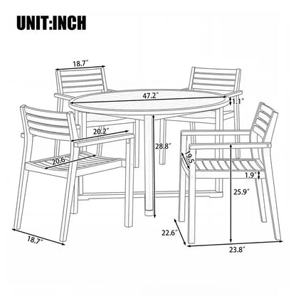 GDFStudio Saul Set da Pranzo da Esterno a 5 Pezzi in Legno di Acacia con Tavolo Rotondo a Doghe da 47,2 e Sedie Ergonomiche