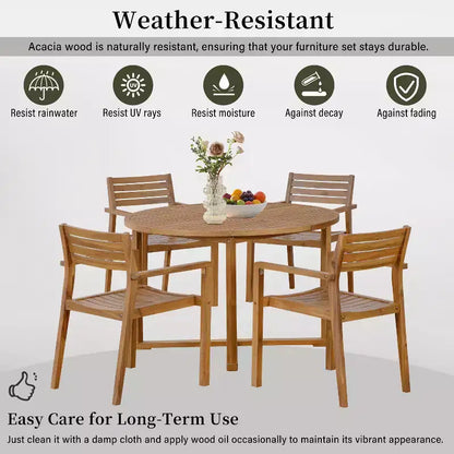 GDFStudio Saul Set da Pranzo da Esterno a 5 Pezzi in Legno di Acacia con Tavolo Rotondo a Doghe da 47,2 e Sedie Ergonomiche