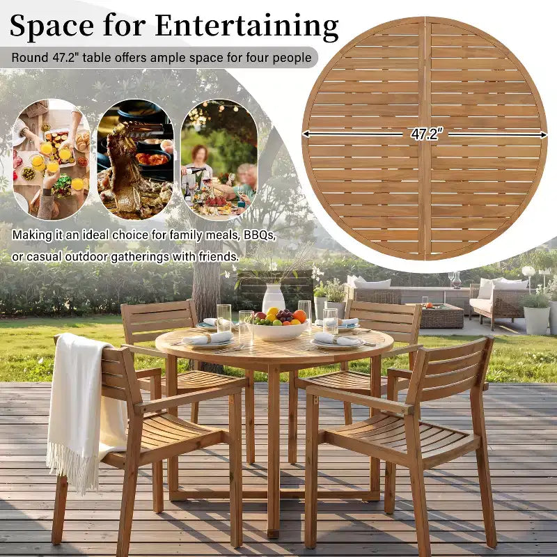 GDFStudio Saul Set da Pranzo da Esterno a 5 Pezzi in Legno di Acacia con Tavolo Rotondo a Doghe da 47,2 e Sedie Ergonomiche
