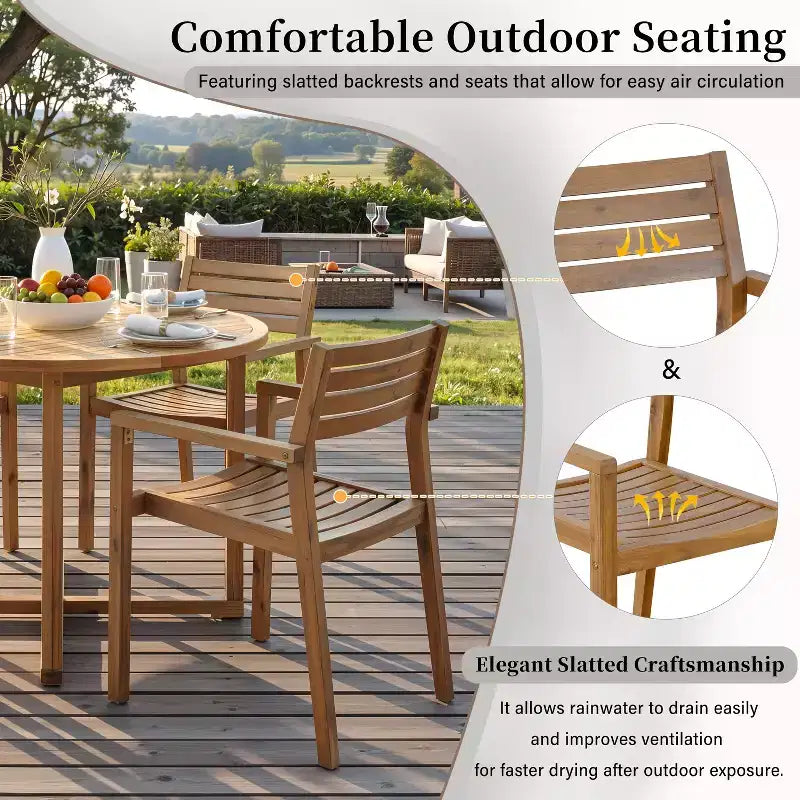 GDFStudio Saul Set da Pranzo da Esterno a 5 Pezzi in Legno di Acacia con Tavolo Rotondo a Doghe da 47,2 e Sedie Ergonomiche