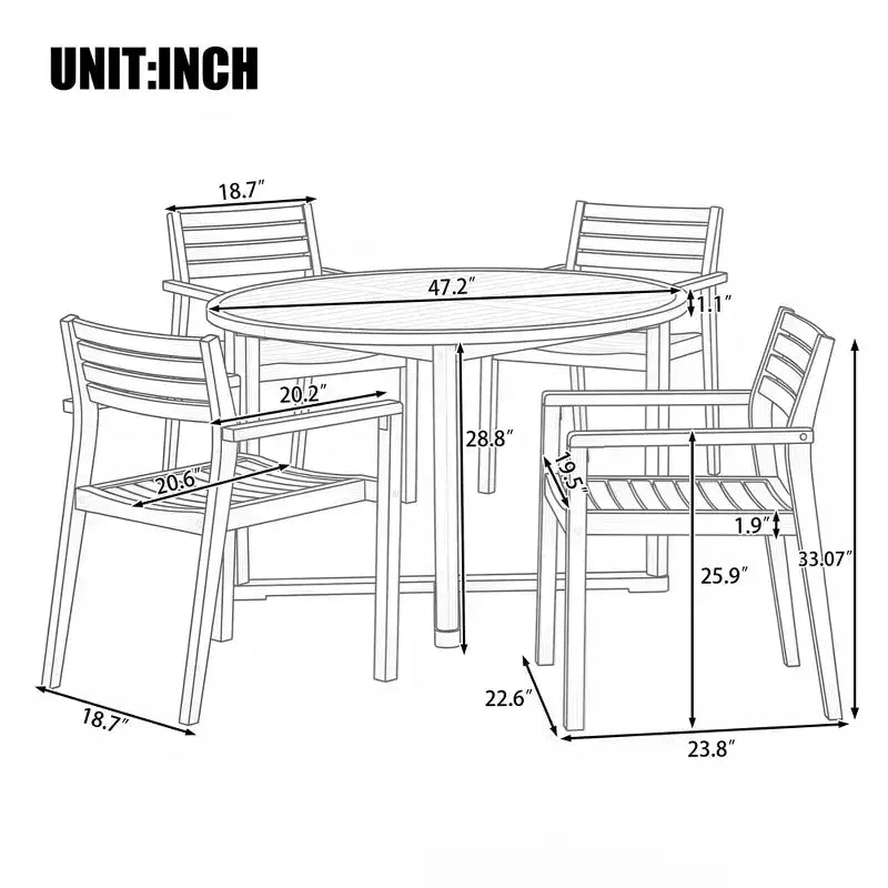 GDFStudio Saul Set da Pranzo da Esterno a 5 Pezzi in Legno di Acacia con Tavolo Rotondo a Doghe da 47,2 e Sedie Ergonomiche