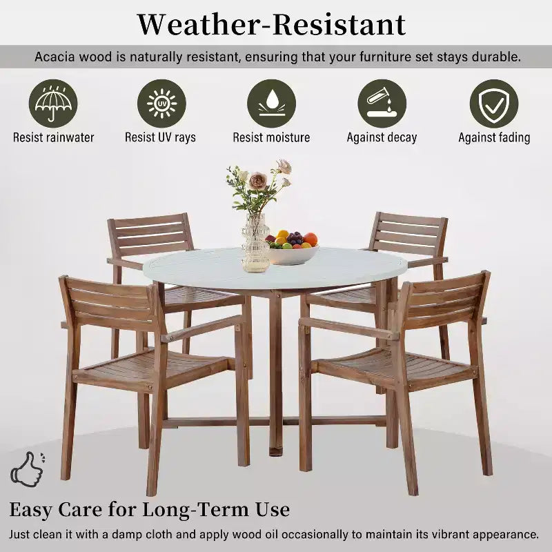 GDFStudio Saul Set da Pranzo da Esterno a 5 Pezzi in Legno di Acacia con Tavolo Rotondo a Doghe da 47,2 e Sedie Ergonomiche