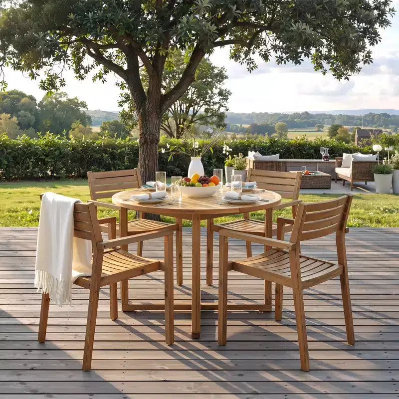 GDFStudio Saul Set da Pranzo da Esterno a 5 Pezzi in Legno di Acacia con Tavolo Rotondo a Doghe da 47,2 e Sedie Ergonomiche