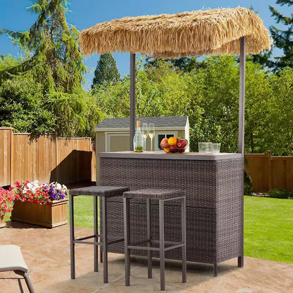 Set da Bar Tiki da Esterno EROMMY, Bar da Patio in Vimini con 2 Sgabelli, Scaffale per Riporci Cose per Giardino a Bordo Piscina