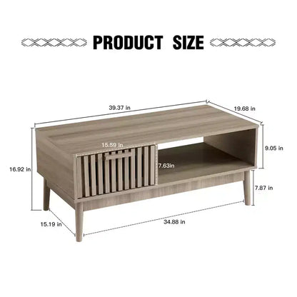Modern Coffee Table with Storage Drawer & Open Shelf  2-Tier Fluted Rectangular Center Table