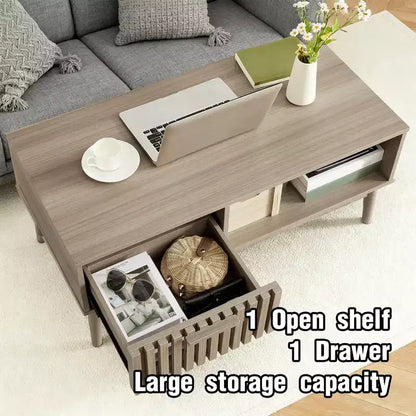 Modern Coffee Table with Storage Drawer & Open Shelf  2-Tier Fluted Rectangular Center Table