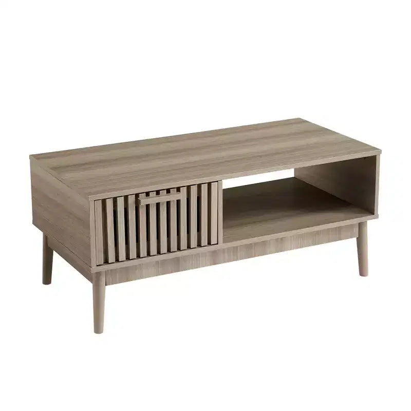 Modern Coffee Table with Storage Drawer & Open Shelf  2-Tier Fluted Rectangular Center Table