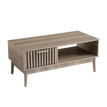 Modern Coffee Table with Storage Drawer & Open Shelf  2-Tier Fluted Rectangular Center Table