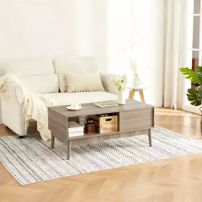 Modern Coffee Table with Storage Drawer & Open Shelf  2-Tier Fluted Rectangular Center Table