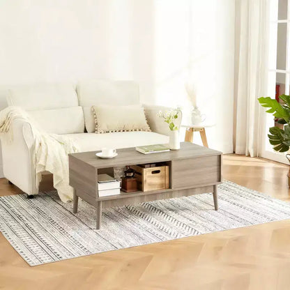 Modern Coffee Table with Storage Drawer & Open Shelf  2-Tier Fluted Rectangular Center Table