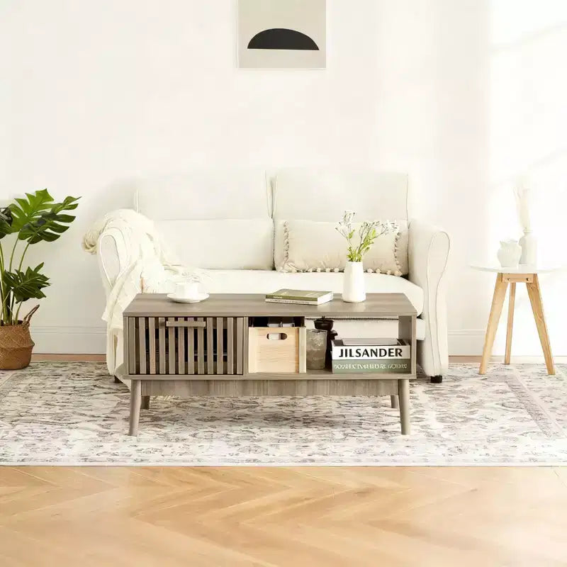 Modern Coffee Table with Storage Drawer & Open Shelf  2-Tier Fluted Rectangular Center Table