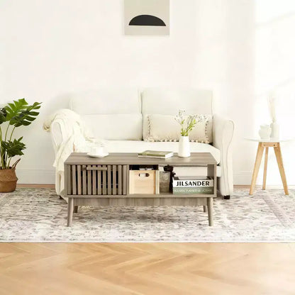 Modern Coffee Table with Storage Drawer & Open Shelf  2-Tier Fluted Rectangular Center Table