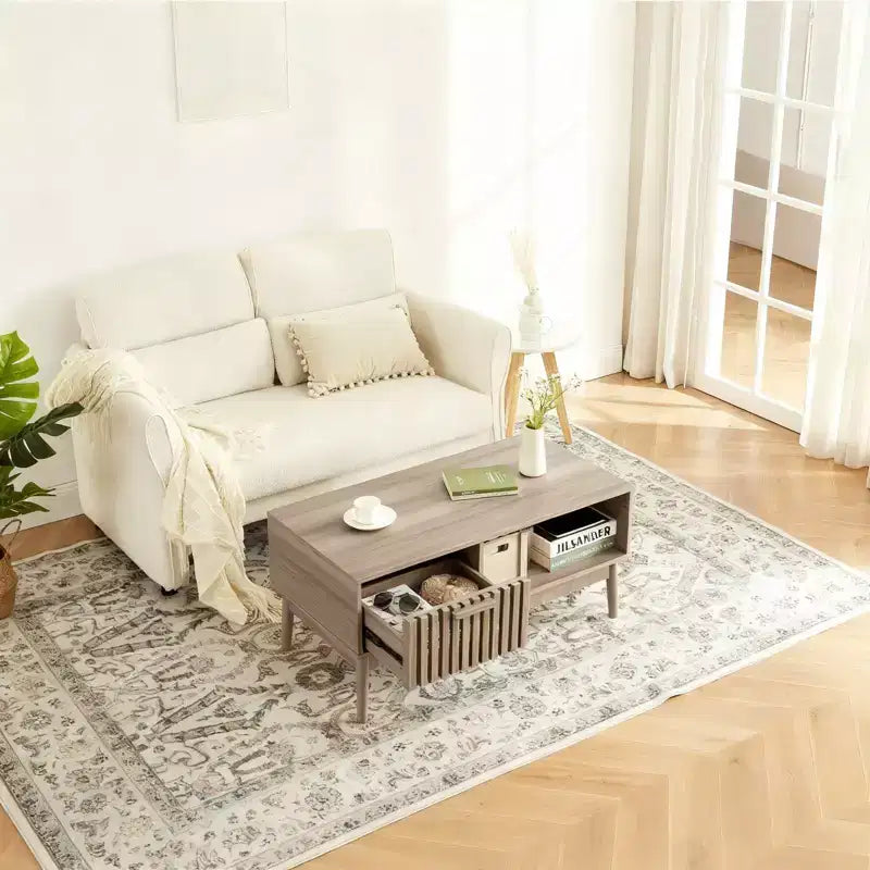 Modern Coffee Table with Storage Drawer & Open Shelf  2-Tier Fluted Rectangular Center Table