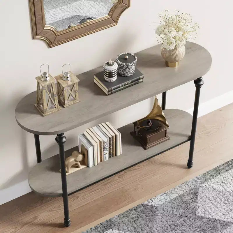 2-Tier Console Table, 43.3 Industrial Entryway Table with Storage Shelf, Metal Frame Sofa Table Behind Couch for Living Room, Hallway & Foyer