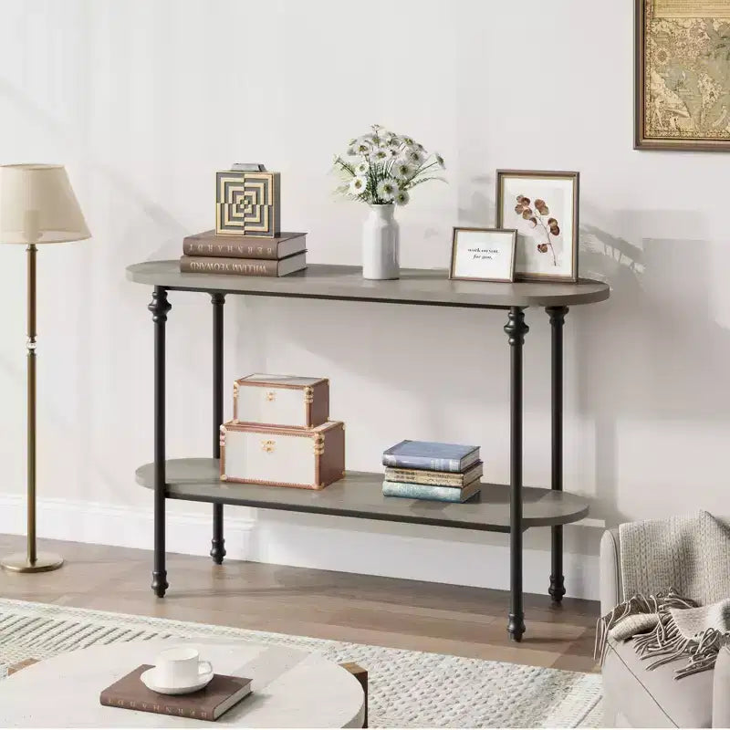 2-Tier Console Table, 43.3 Industrial Entryway Table with Storage Shelf, Metal Frame Sofa Table Behind Couch for Living Room, Hallway & Foyer