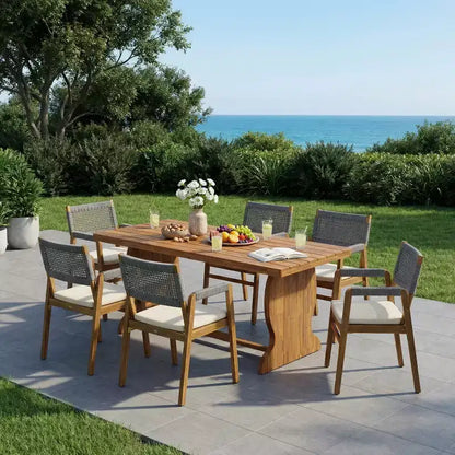 Christopher Knight Home Andika Modern 7 Piece Acacia Wood Dining Set with Rope Backrest and Slatted Table