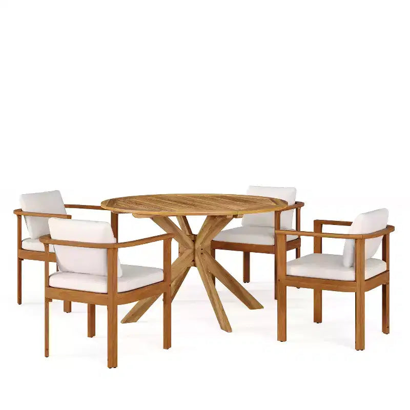 Christopher Knight Home Everett Patio 5-Piece Rustic Acacia Wood Outdoor Round Dining Set with Cushioned Dining Chairs