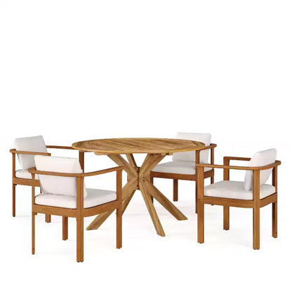 Christopher Knight Home Everett Patio 5-Piece Rustic Acacia Wood Outdoor Round Dining Set with Cushioned Dining Chairs