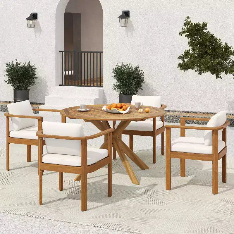 Christopher Knight Home Everett Patio 5-Piece Rustic Acacia Wood Outdoor Round Dining Set with Cushioned Dining Chairs