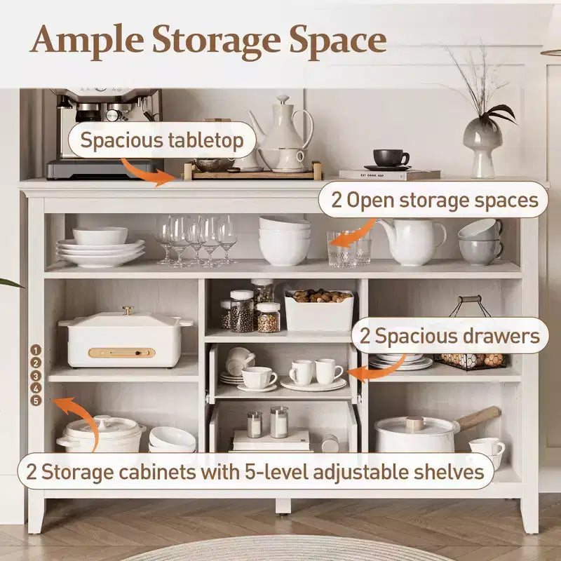 Farmhouse Rattan Storage Cabinet, Doors & Drawers, Adjustable Shelves, Off-White