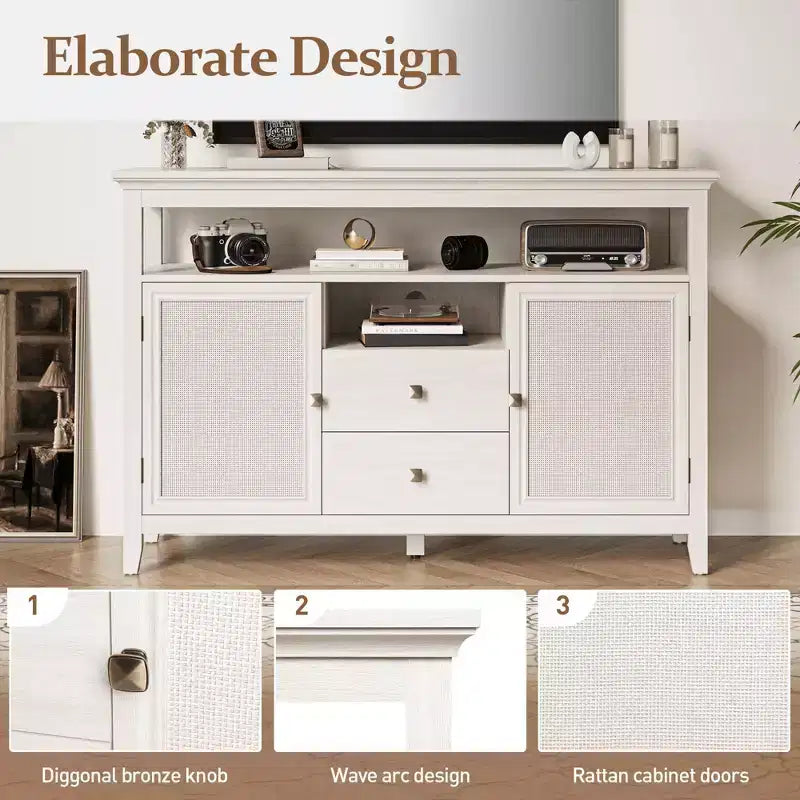 Farmhouse Rattan Storage Cabinet, Doors & Drawers, Adjustable Shelves, Off-White
