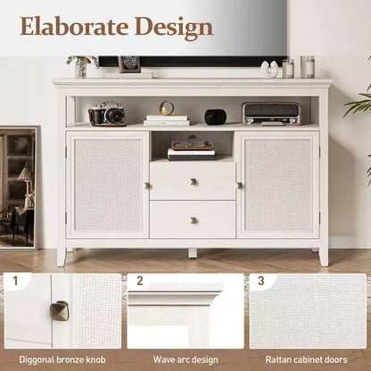 Farmhouse Rattan Storage Cabinet, Doors & Drawers, Adjustable Shelves, Off-White