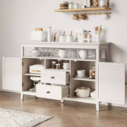 Farmhouse Rattan Storage Cabinet, Doors & Drawers, Adjustable Shelves, Off-White