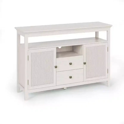 Farmhouse Rattan Storage Cabinet, Doors & Drawers, Adjustable Shelves, Off-White