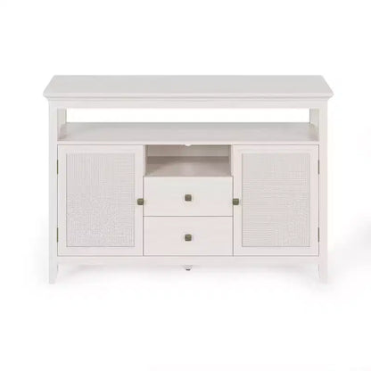 Farmhouse Rattan Storage Cabinet, Doors & Drawers, Adjustable Shelves, Off-White