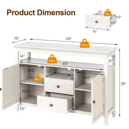 Farmhouse Rattan Storage Cabinet, Doors & Drawers, Adjustable Shelves, Off-White