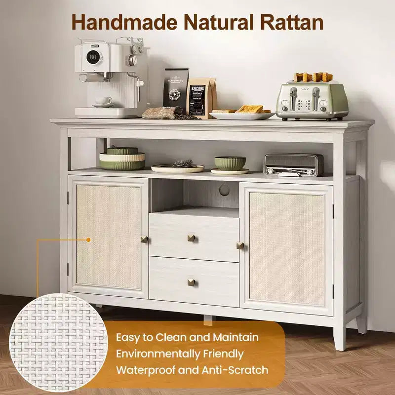 Farmhouse Rattan Storage Cabinet, Doors & Drawers, Adjustable Shelves, Off-White