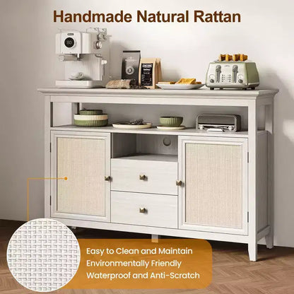 Farmhouse Rattan Storage Cabinet, Doors & Drawers, Adjustable Shelves, Off-White