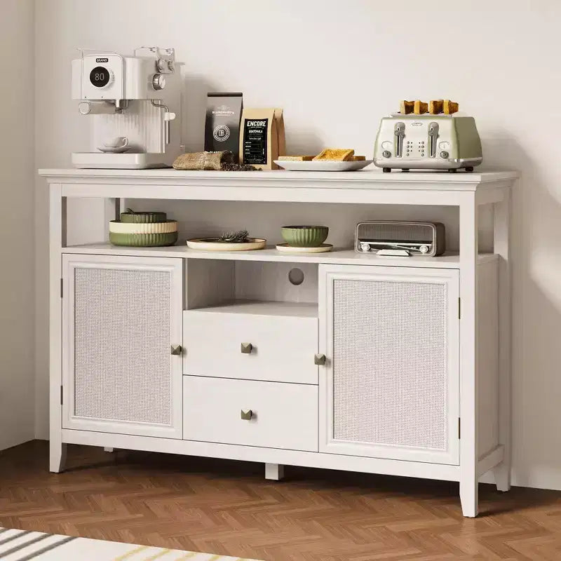 Farmhouse Rattan Storage Cabinet, Doors & Drawers, Adjustable Shelves, Off-White