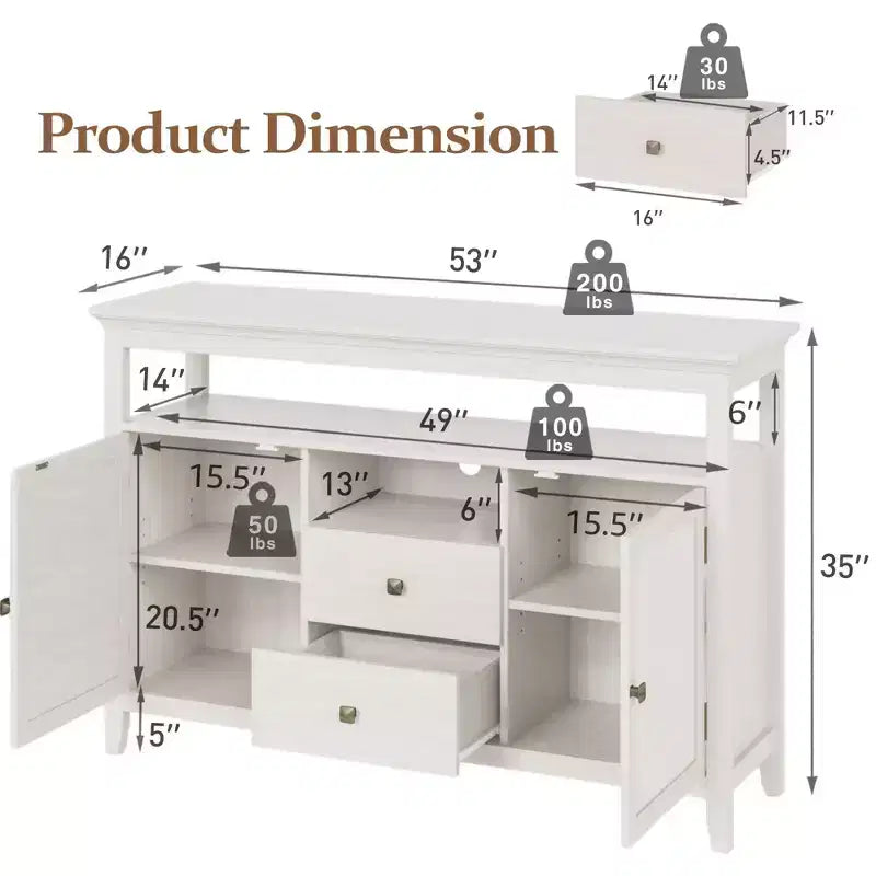 Farmhouse Rattan Storage Cabinet, Doors & Drawers, Adjustable Shelves, Off-White