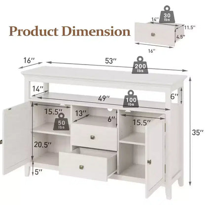 Farmhouse Rattan Storage Cabinet, Doors & Drawers, Adjustable Shelves, Off-White