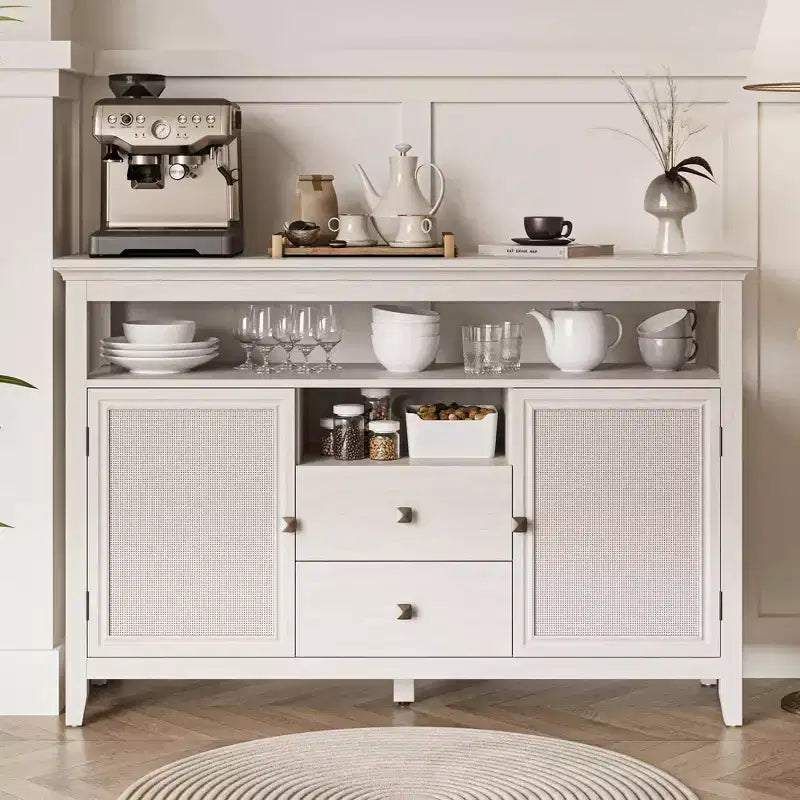 Farmhouse Rattan Storage Cabinet, Doors & Drawers, Adjustable Shelves, Off-White