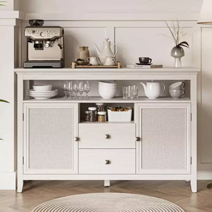 Farmhouse Rattan Storage Cabinet, Doors & Drawers, Adjustable Shelves, Off-White